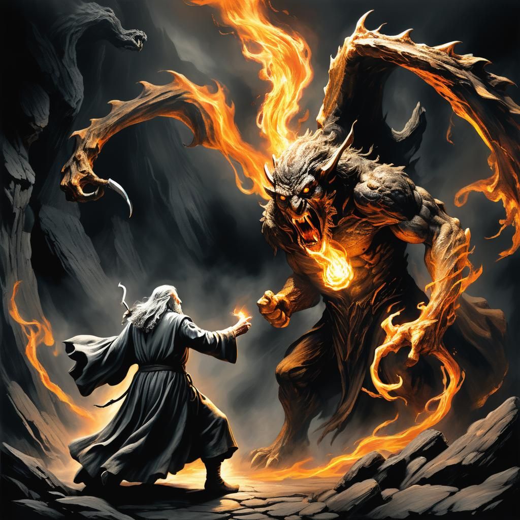 Epic Battle: Gandalf vs Balrog in Dark Fantasy Style
