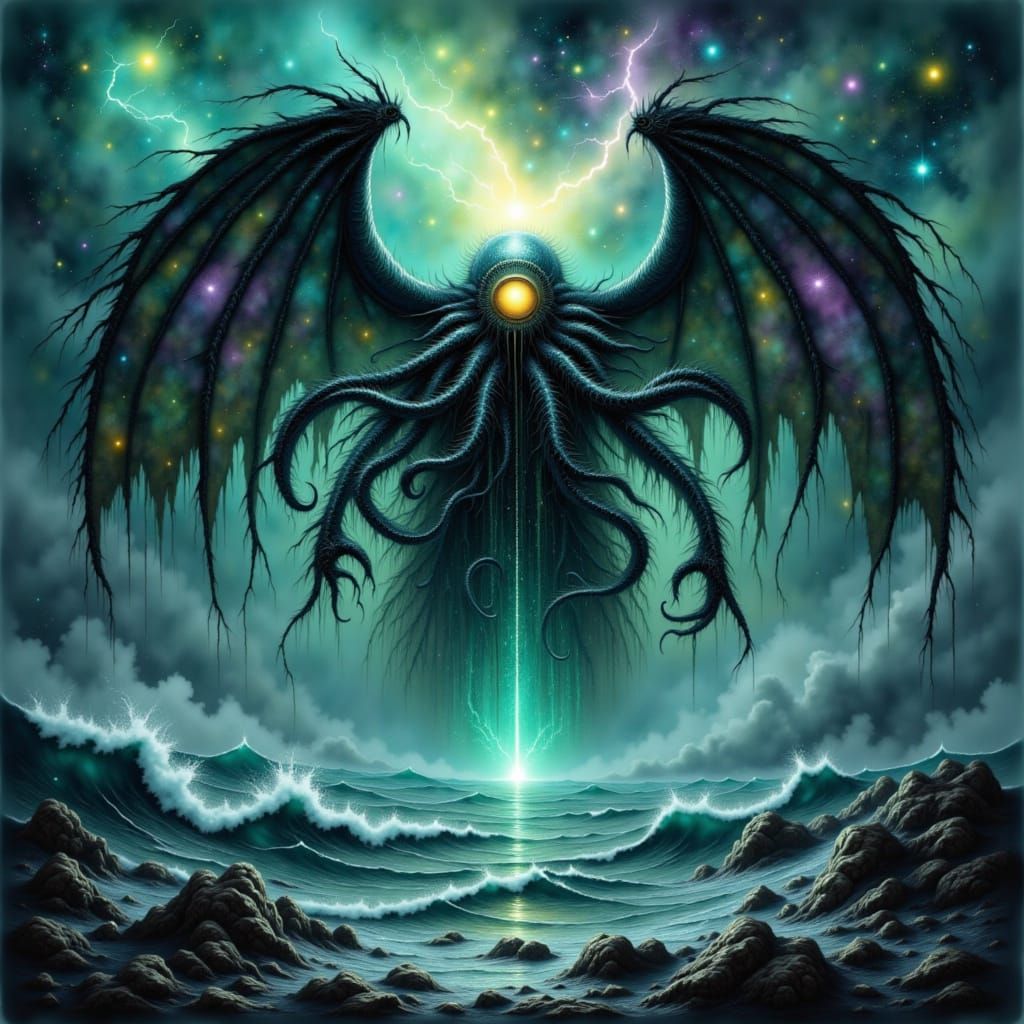 Cosmic Cthulhu Rises from Stormy Ocean in Surreal Style