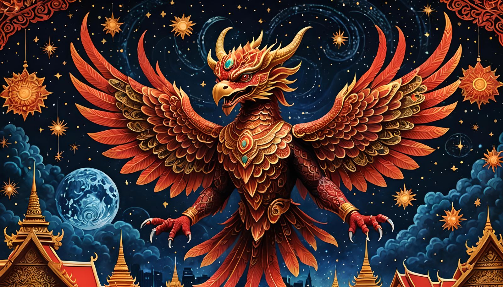 Red Garuda Soaring Over Bangkok, Holographic Illustration