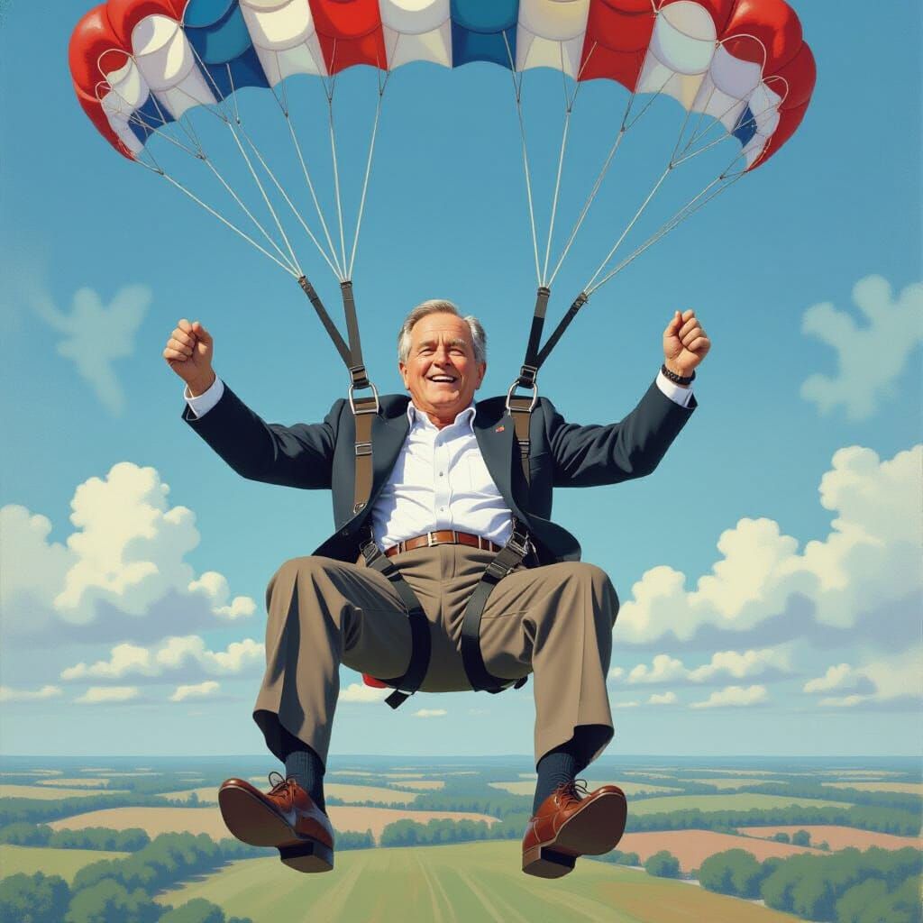 George Bush Parachute Jump in Gouache Style