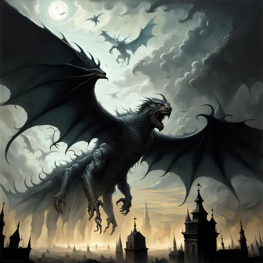 Horrific Sky Monster in Gothic Horror Style