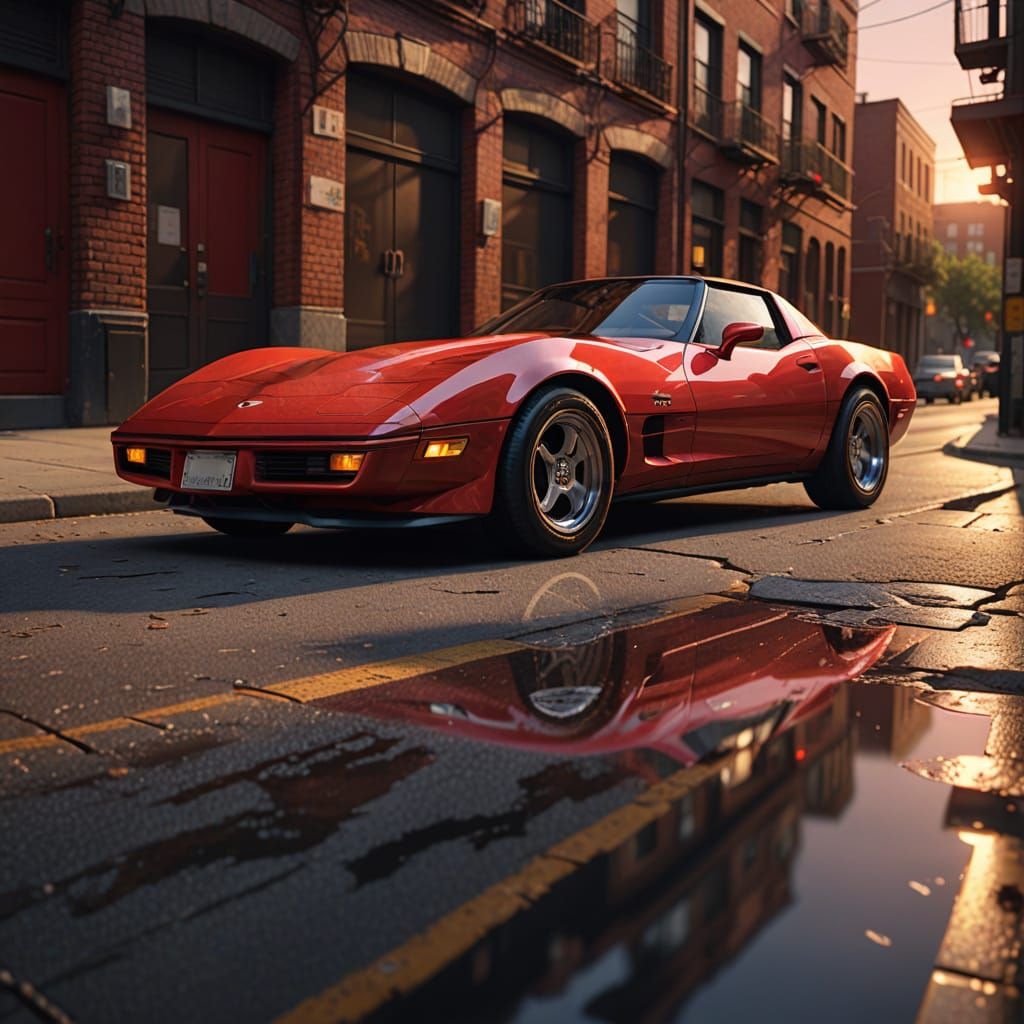 Red 1989 Corvette C4 on City Street: Digital Art
