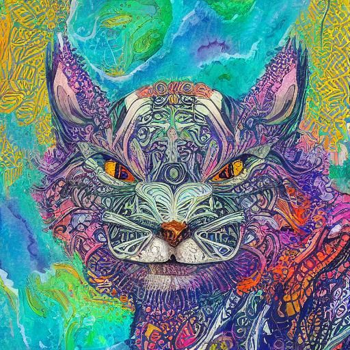 Intricate Alien Cat in Gouache and Watercolor