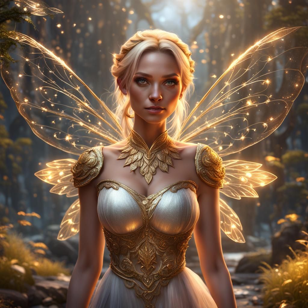 A beautiful BLONDE haired golden eyed Fairy|(SMILEY FACE:1.7)|transparent sparkly wings|detailed matte painting|deep col...