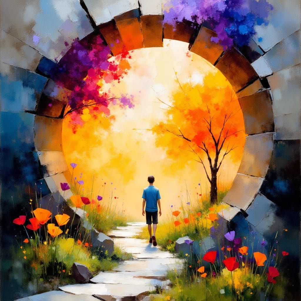 Man Embarks on Vibrant Journey Through Ancient Portal