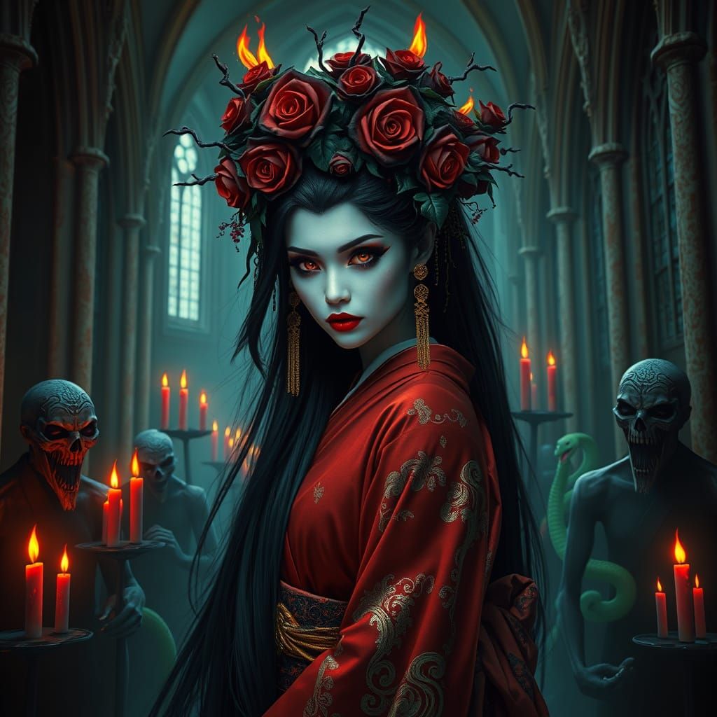 Vampire Geisha in Gothic Cathedral, Surreal Digital Art