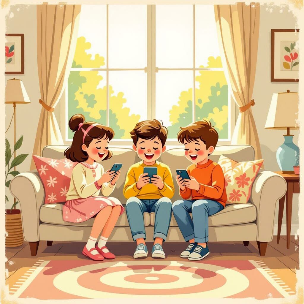 1960s Children Laughing on Sofa with Mobile Phone