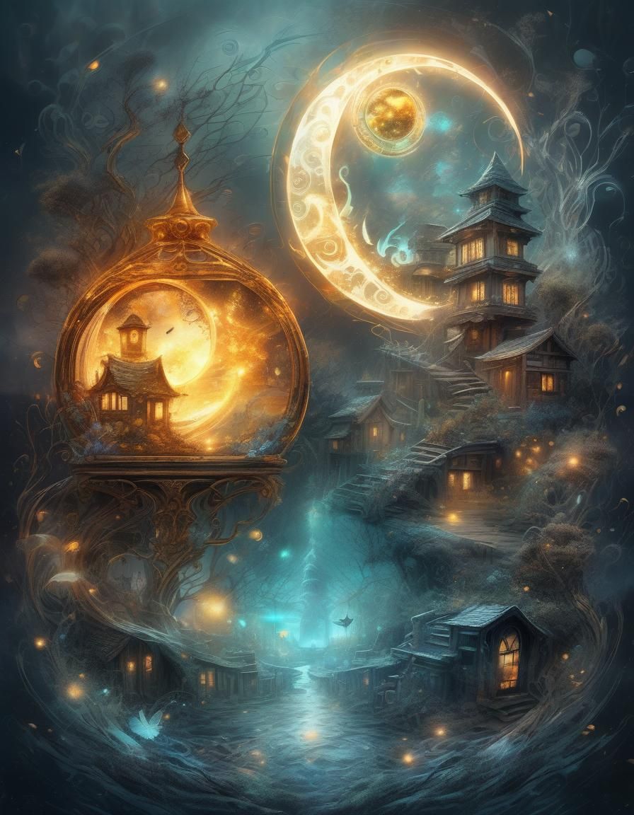 Surreal Glowing Village of Sun and Moon