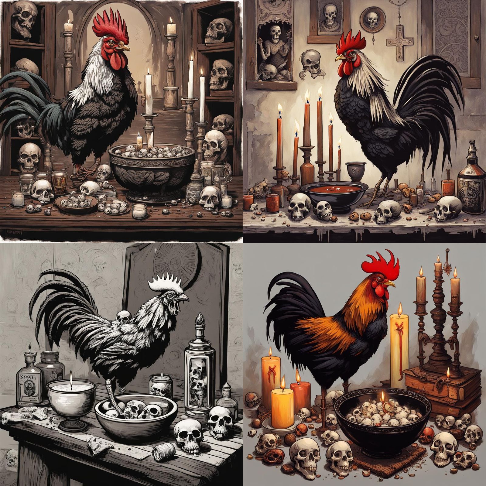 Santeria Rooster with Skulls and Candles