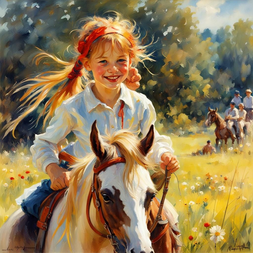 Girl on Pony in Meadow: 3D Watercolor Art