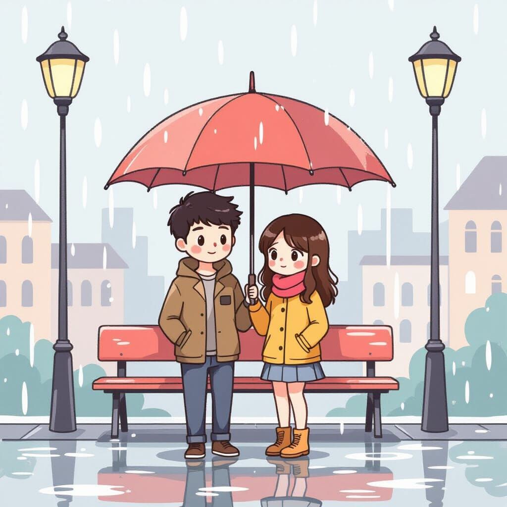 Rainy Bus Stop: 2D Illustration in Pastel Cityscape