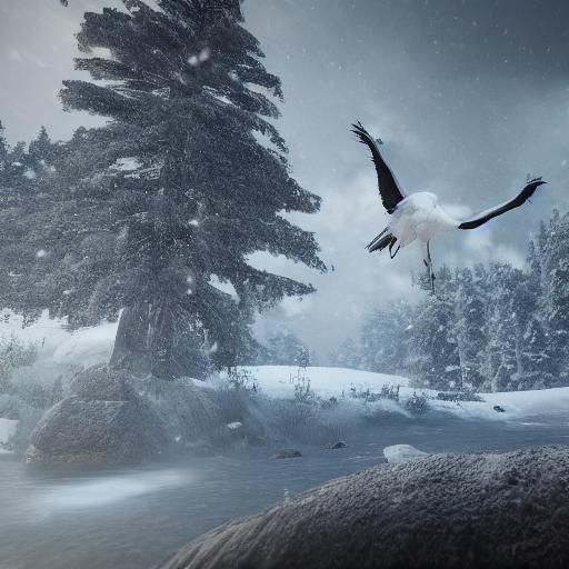 Majestic Crane Flying Over Snowy Mount Everest