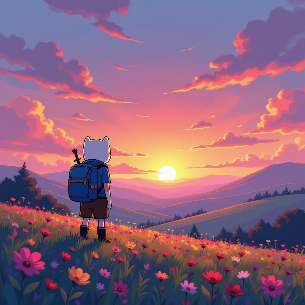 Finn the Hero Gazes at a Vivid Sunset on Wildflower Hill