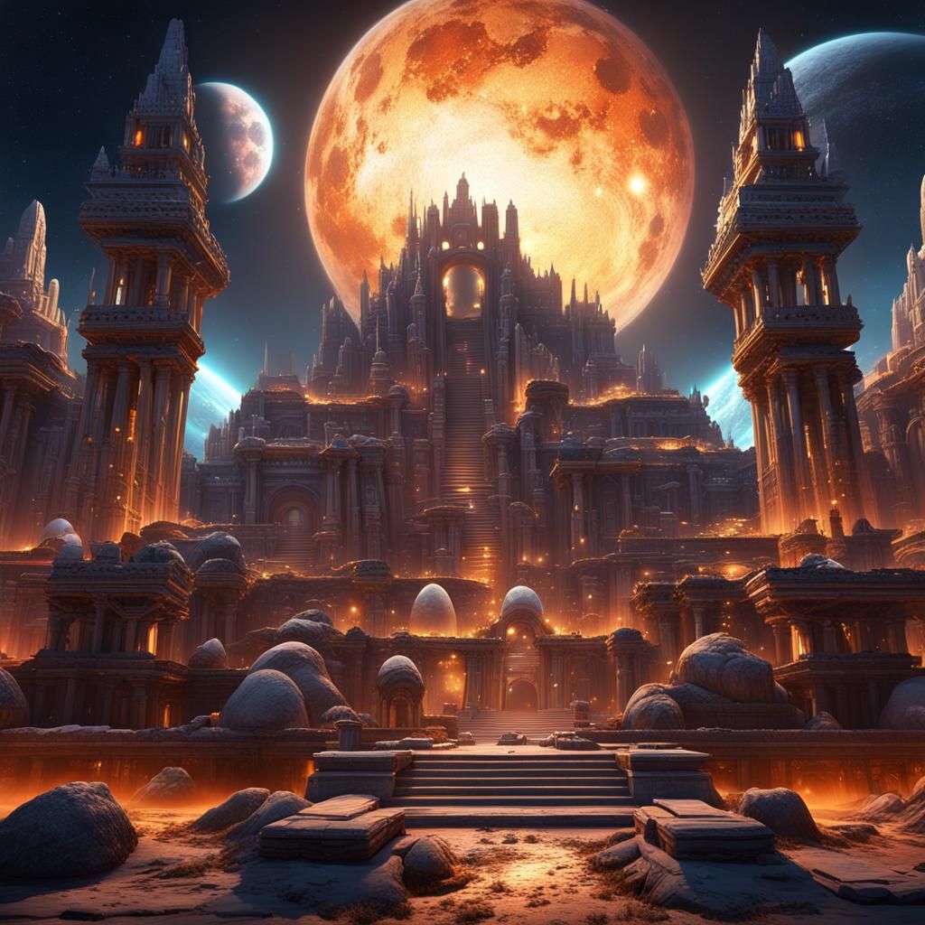 Futuristic Atlantis with Burning Planet, Fantasy Concept Art