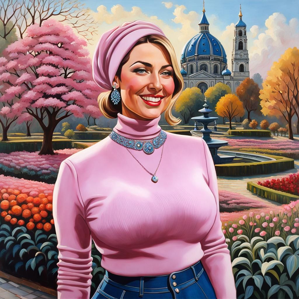 Curvy Woman in Garden, Hyperdetailed Oil Painting