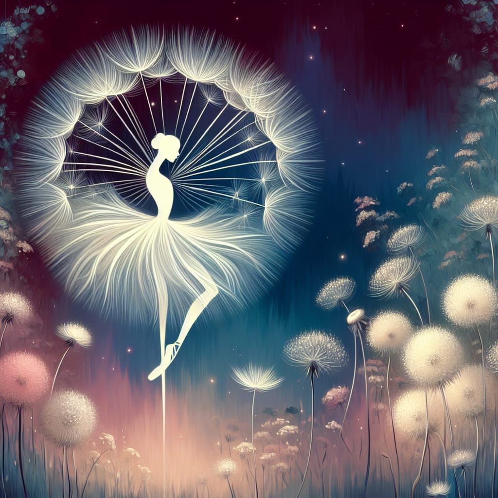 Ballerina Dandelion in Moonlight: Zen Art Illustration
