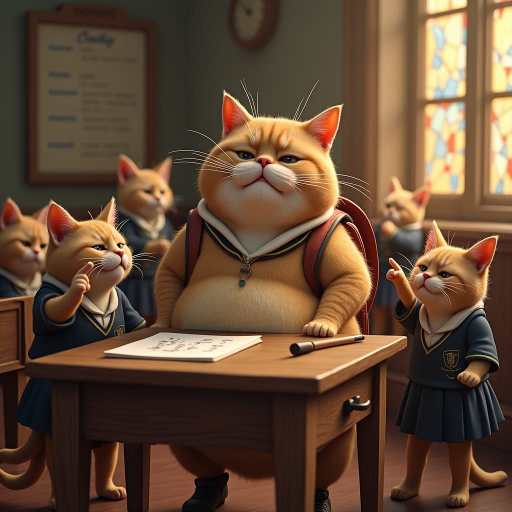 Sad Cat Mocked in Dreamlike School, Matte Painting