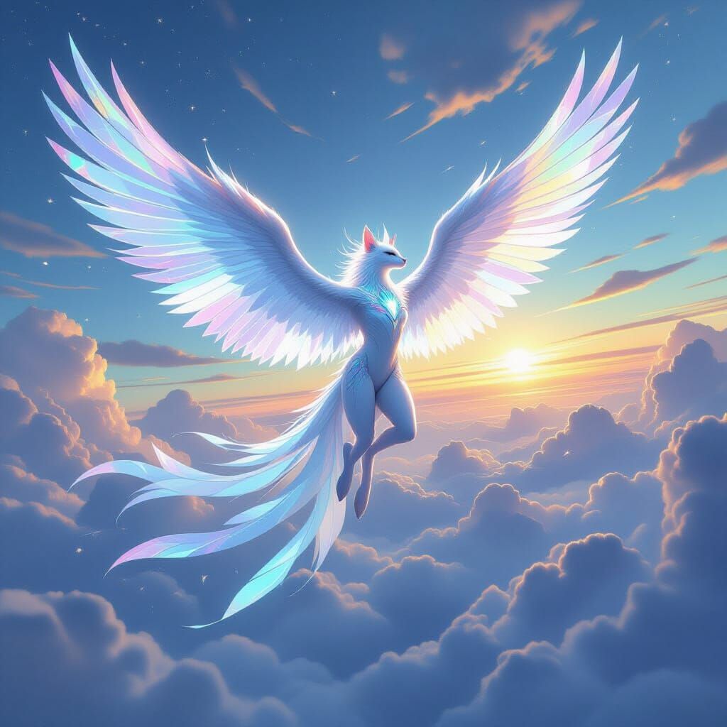 Majestic Feline-Avian Creature Soaring in Ethereal Sky