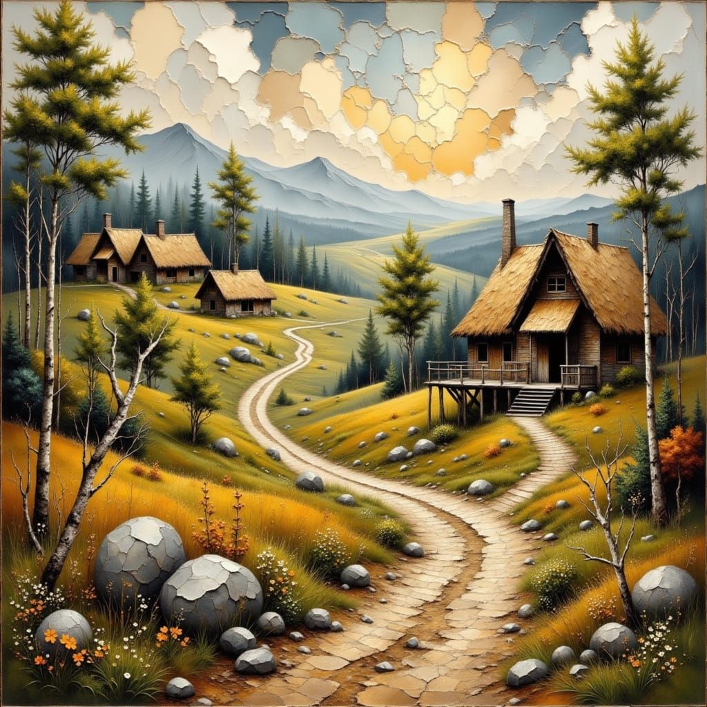 Slavic Village with Huts and Mills in Abstract Romanticism