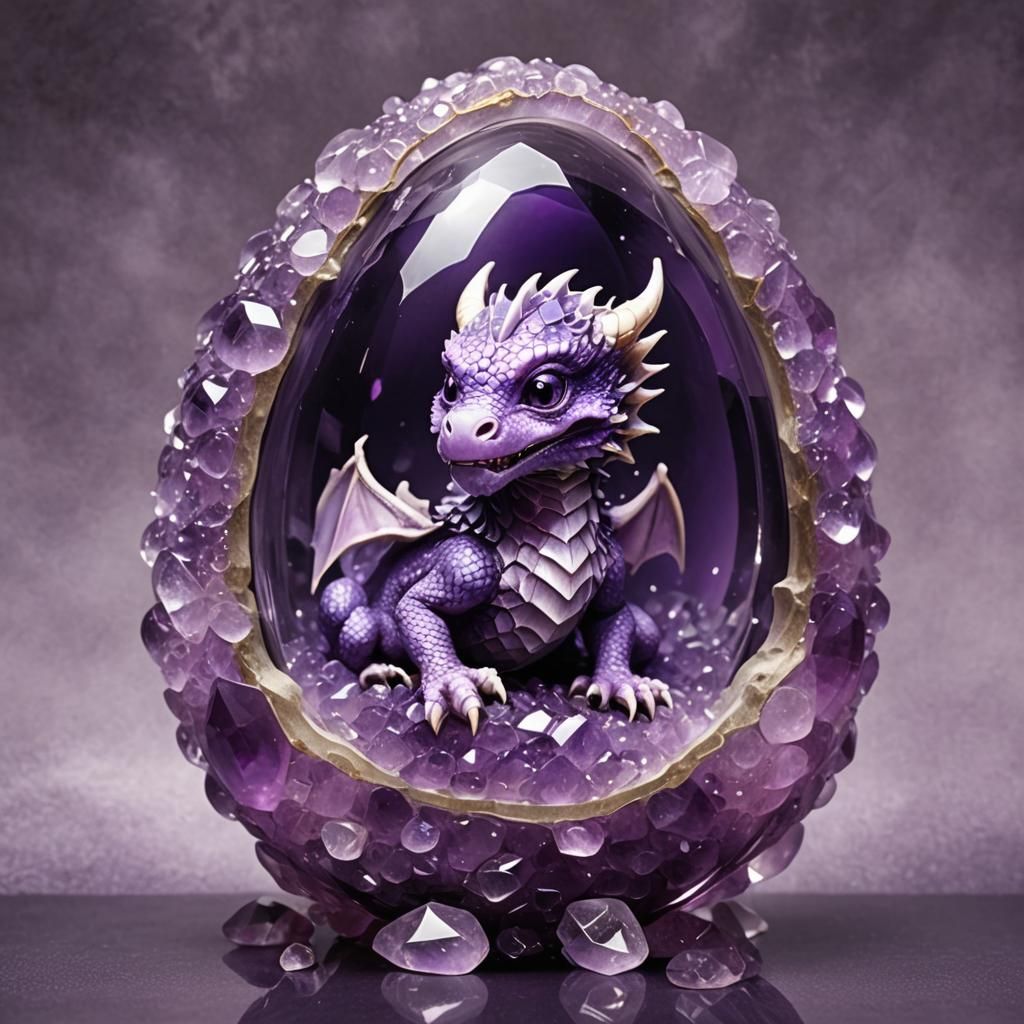 Purple Dragon Inside Amethyst Egg, Rembrandt Style
