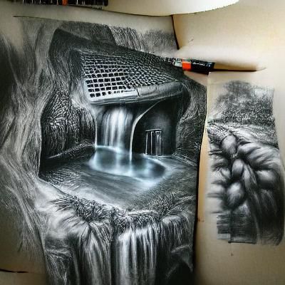 Waterfall Secret Lair in Charcoal Drawing Style