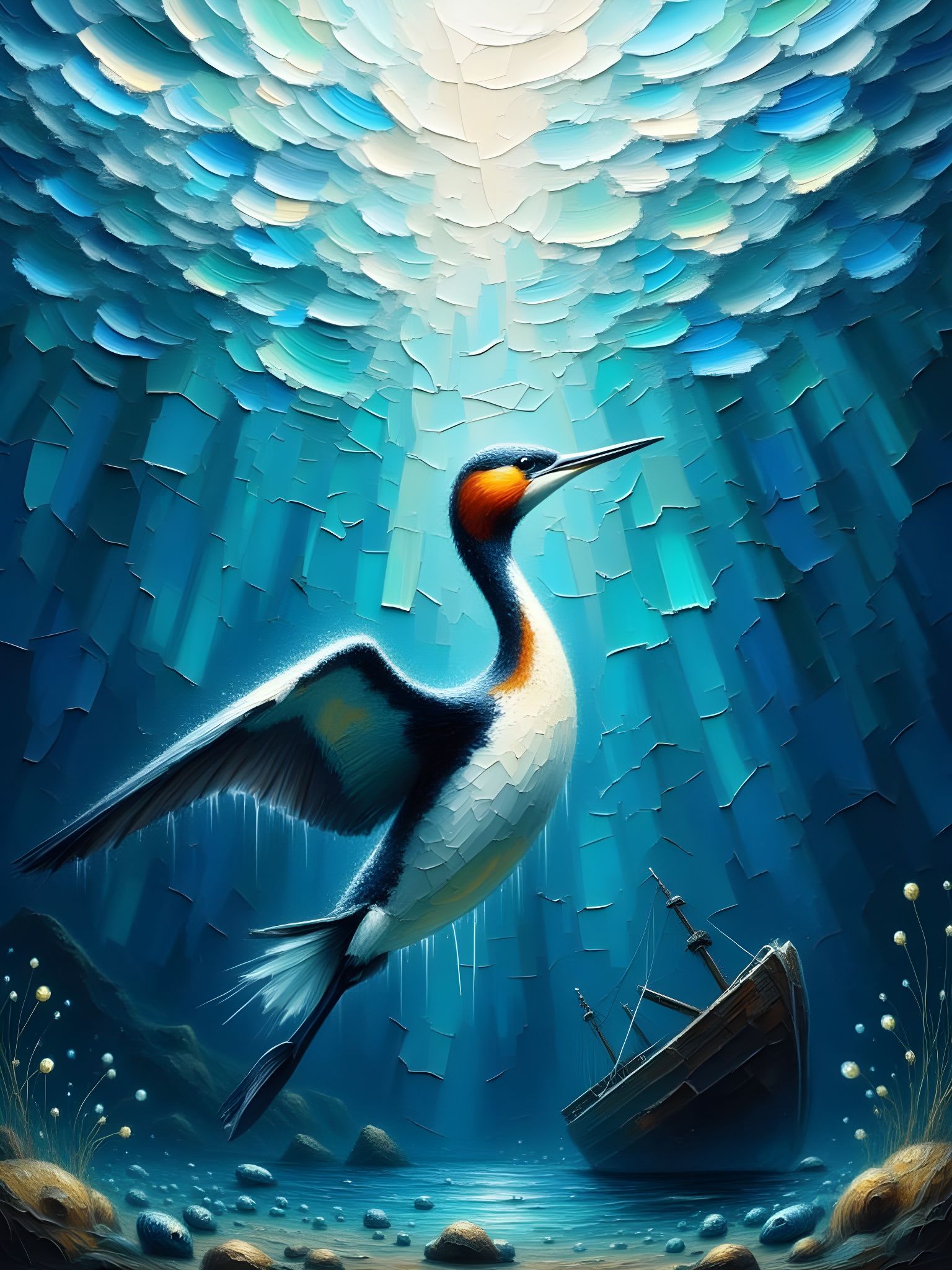 Grebe Diving Underwater: Impasto Painting