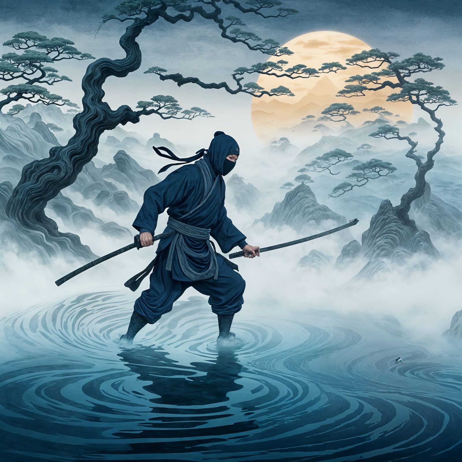 Ninja in Misty Waters: Ukiyo-e Style