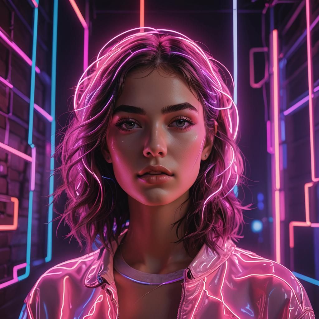 Neon Lights Illuminate a Beautiful Face