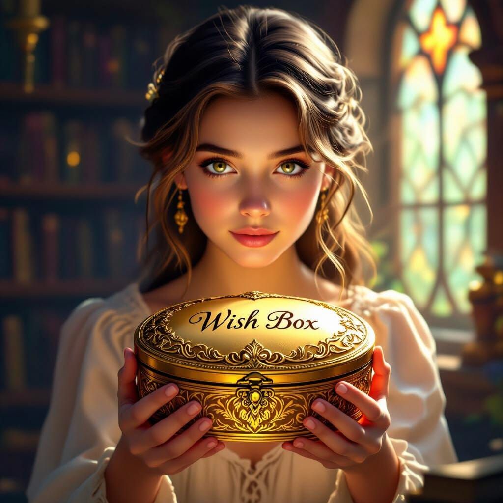 Woman Holds Enchanted "Wish Box" in Magical Library