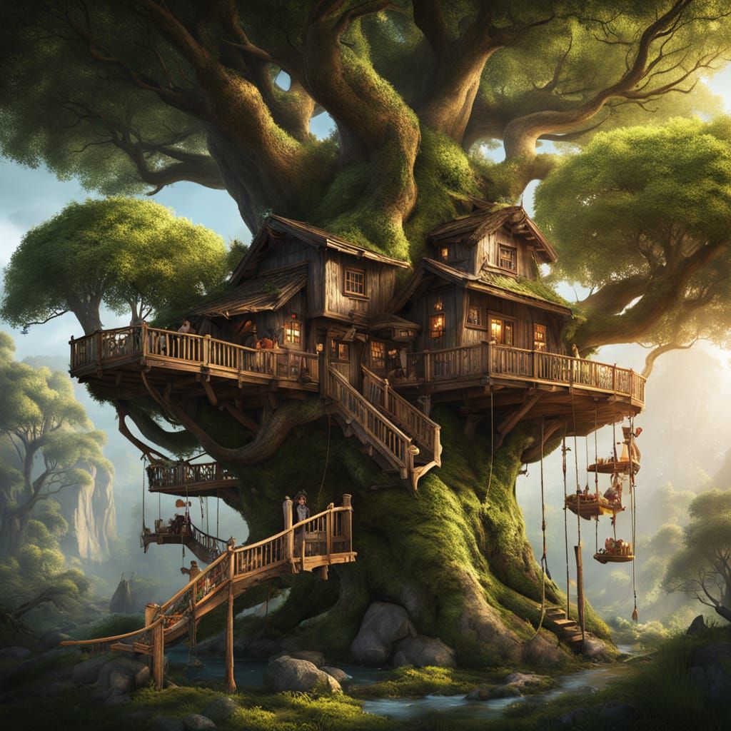 Whimsical Treehouse Village Amidst Ancient Forest