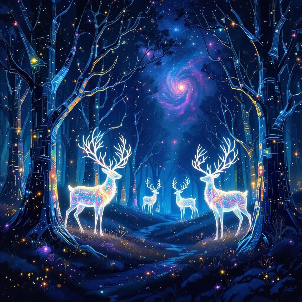 Enchanted Crystal Forest With Spectral Reindeer