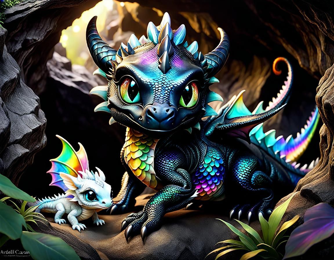 Adorable Baby Dragon in Cave: Realistic Chibi Art