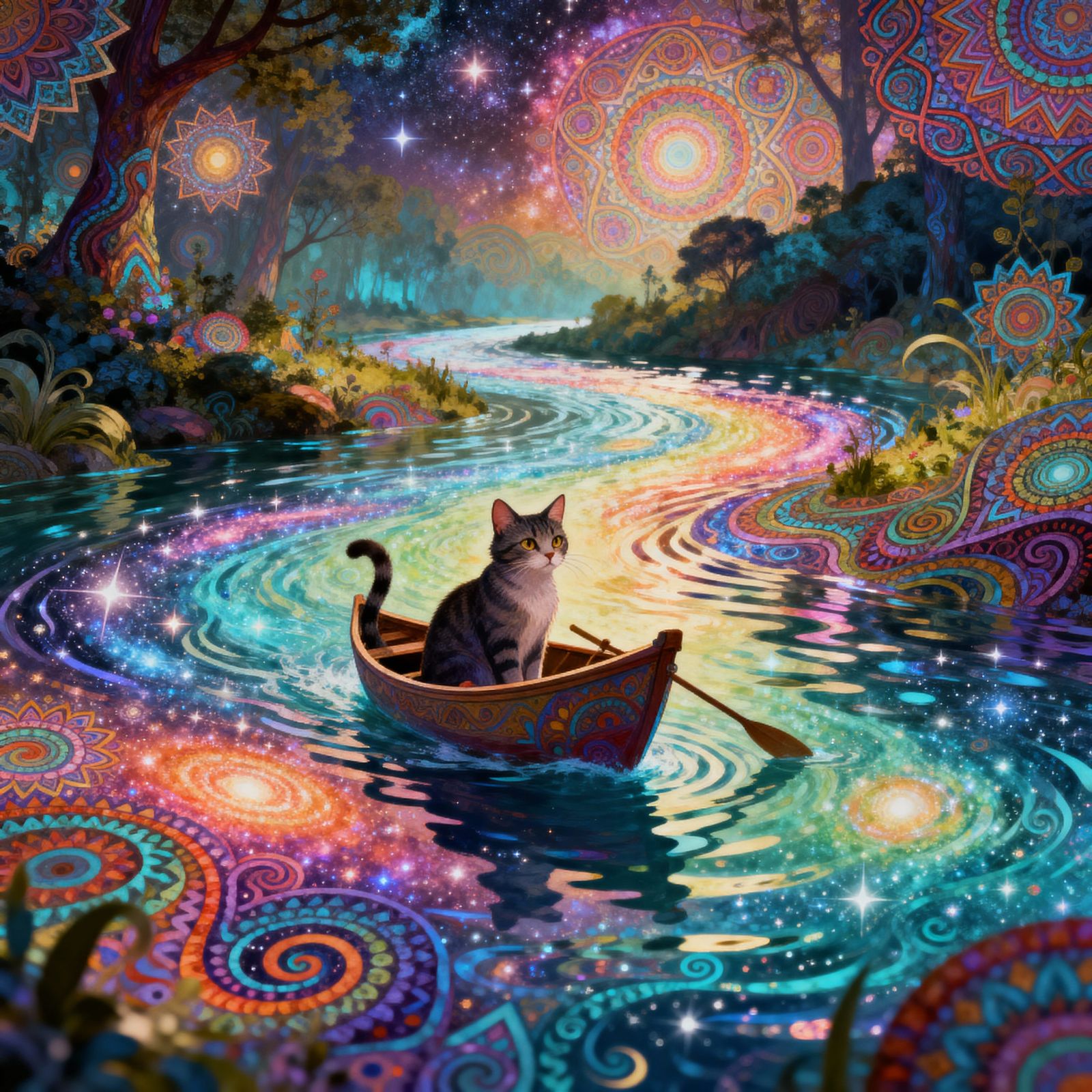 Psychedelic Cat Boat Ride on Galactic River