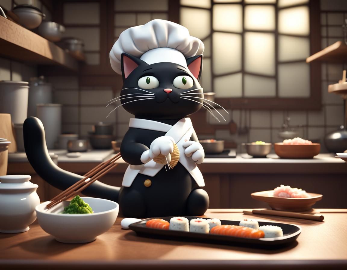 Vintage Japanese Cat Chef Sushi Cartoon