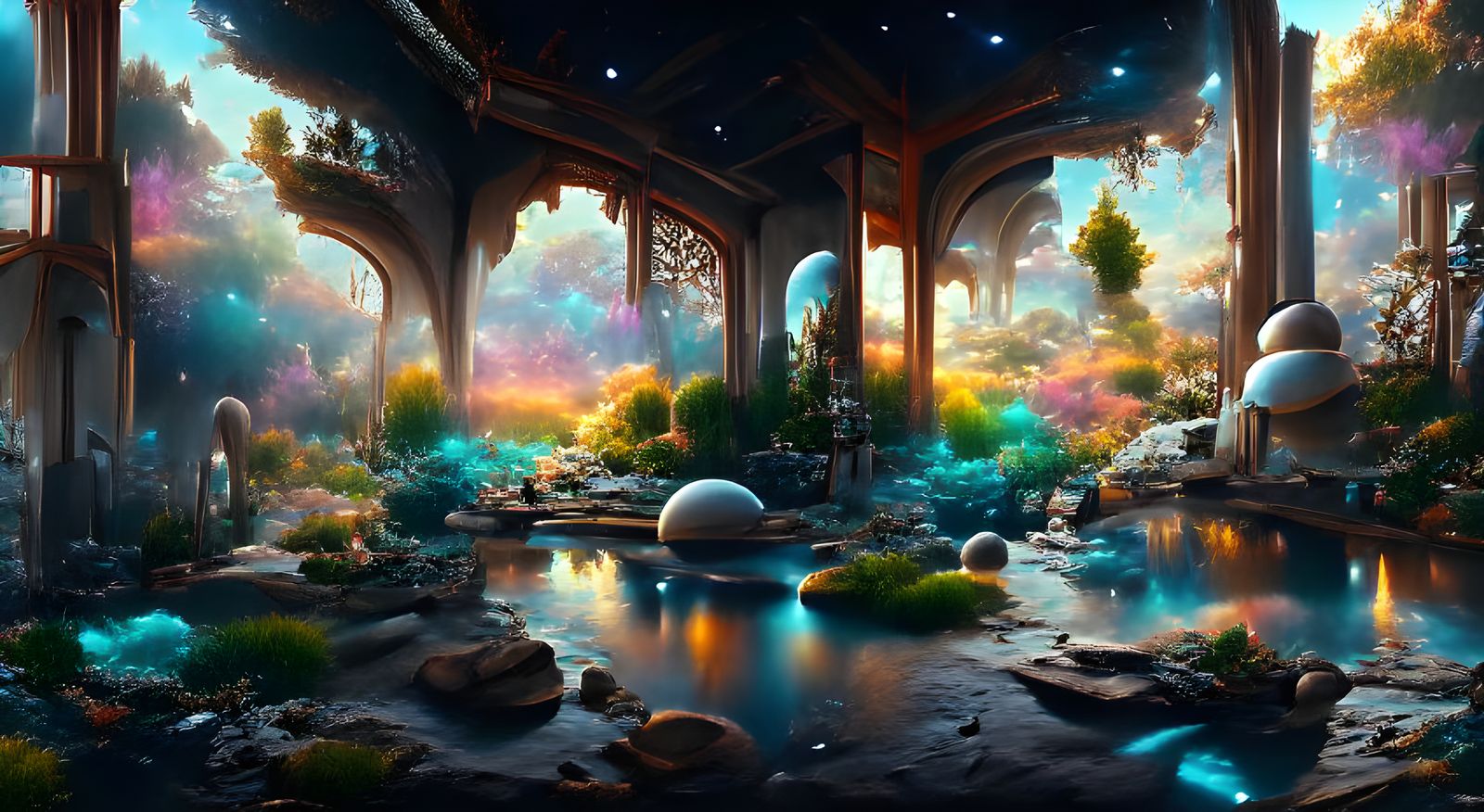 Iridescent Sci-Fi Zen Garden Under Cosmic Sky