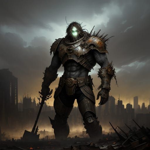 Epic Fantasy Titan of Ruin in Gritty Oil Painting Style