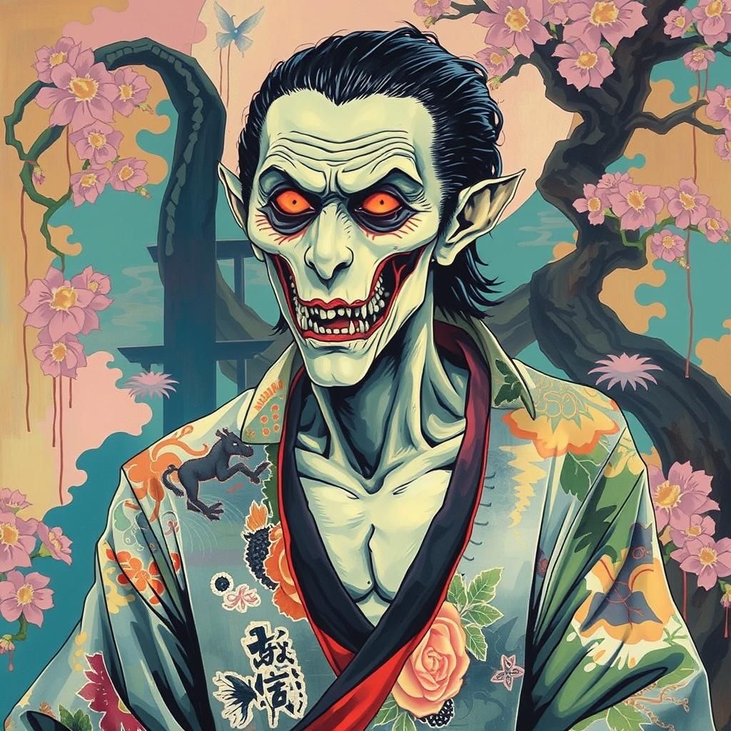 Vaporwave Vampire Creature in Cubist Ukiyo-e Style