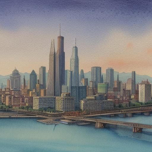 Vintage watercolor illustration of a city skyline