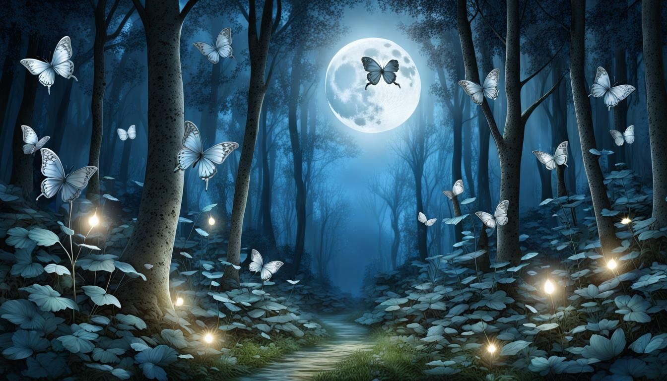 Luminous Butterflies Dancing Under a Full Moon