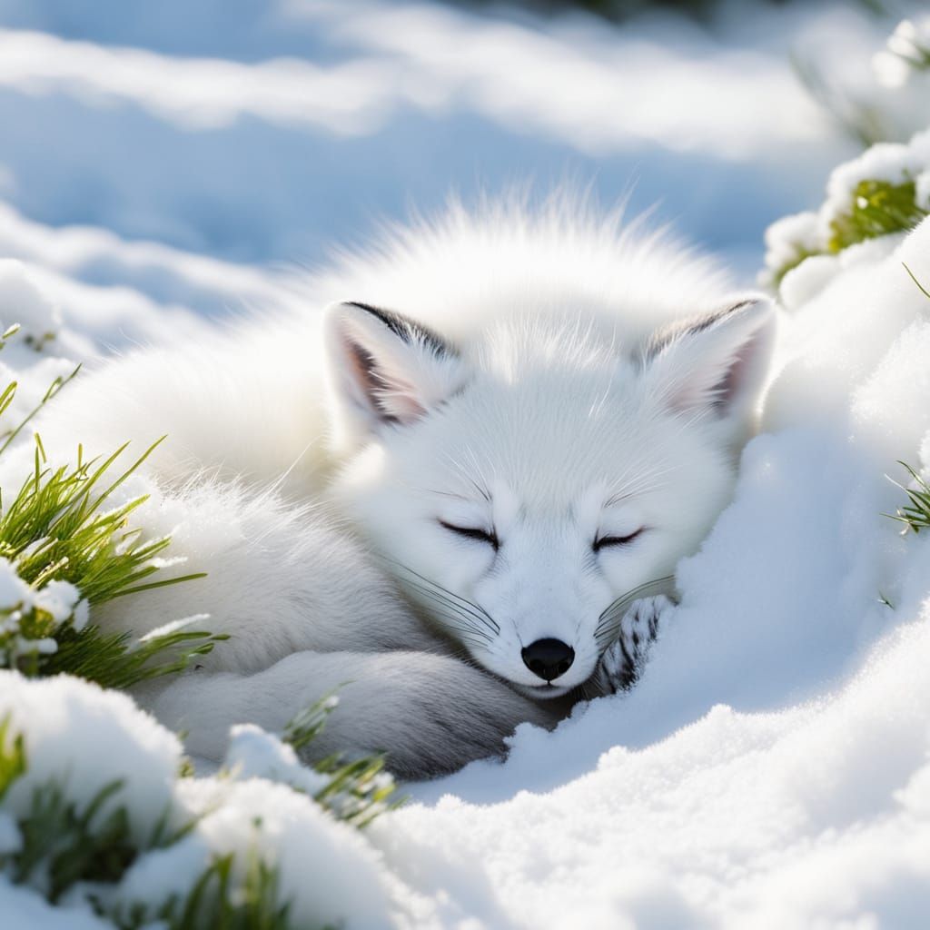 Adorable Baby Fox Sleeping Peacefully in Lush Grass