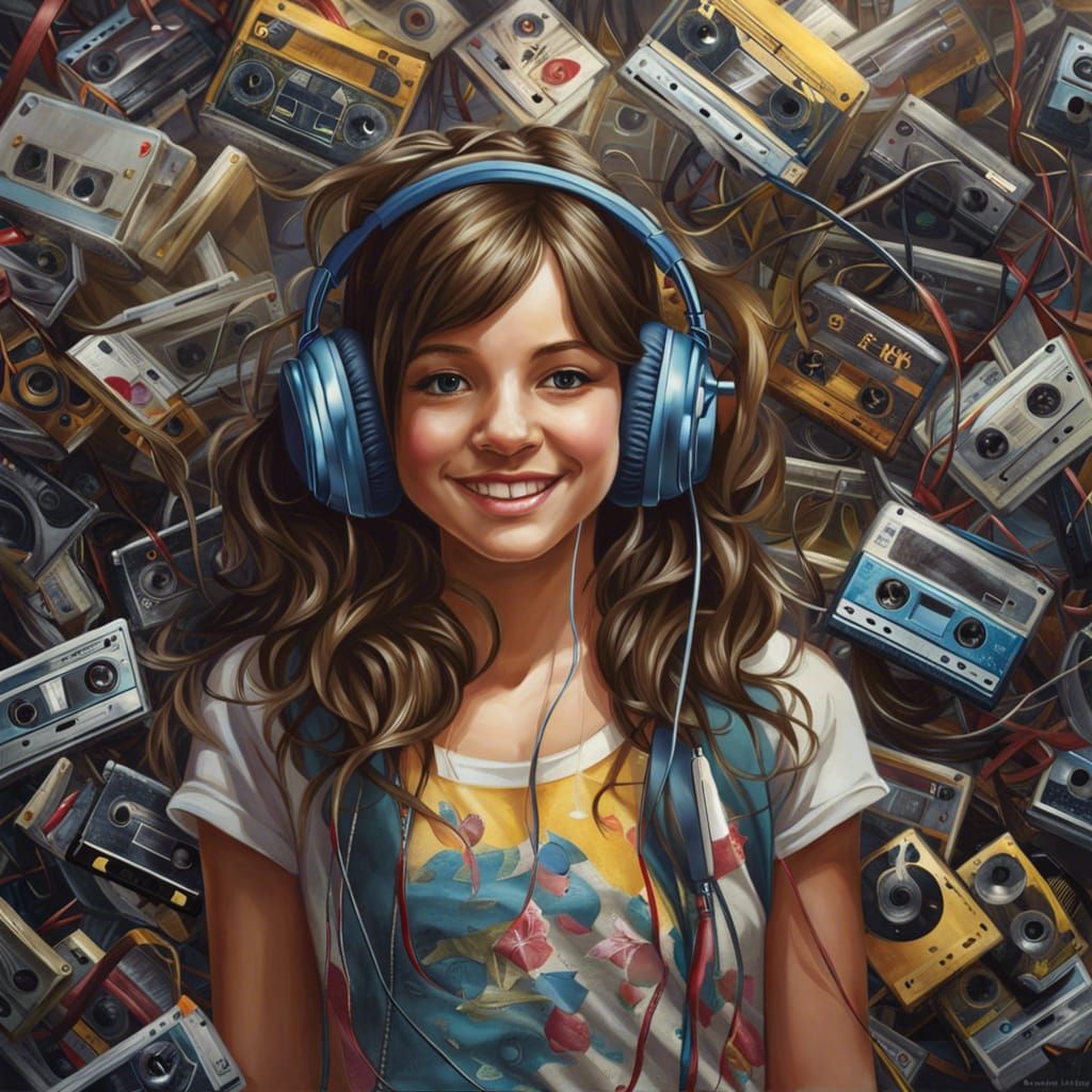 Hyperrealistic Girl Listening to Music with Cassettes