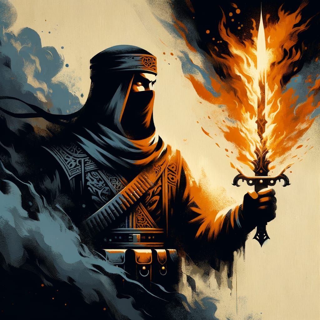 Fantasy Warrior Wields Blazing Sword