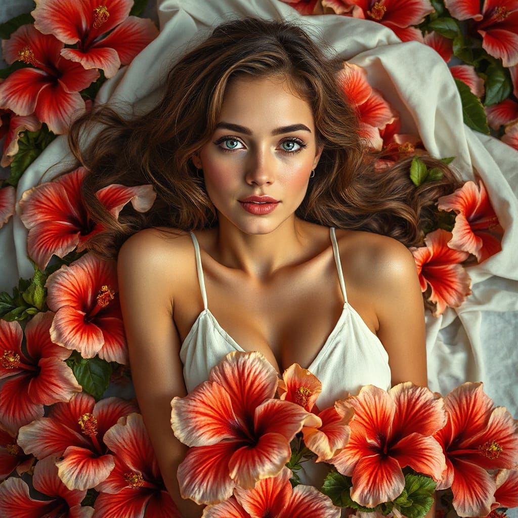 Woman on Hibiscus Flowers in Art Nouveau Style