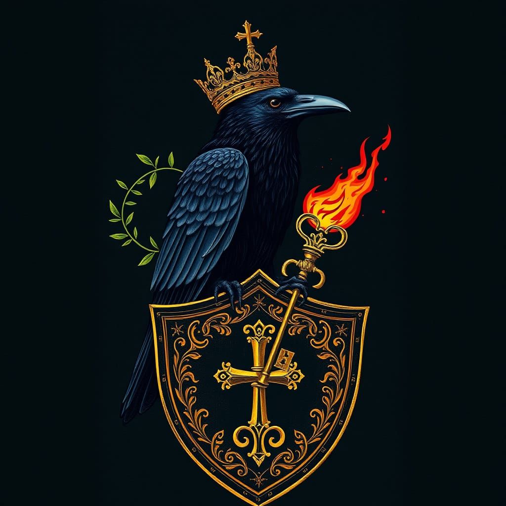 Majestic Crowned Raven with Olive Branch and Flaming Key in ...