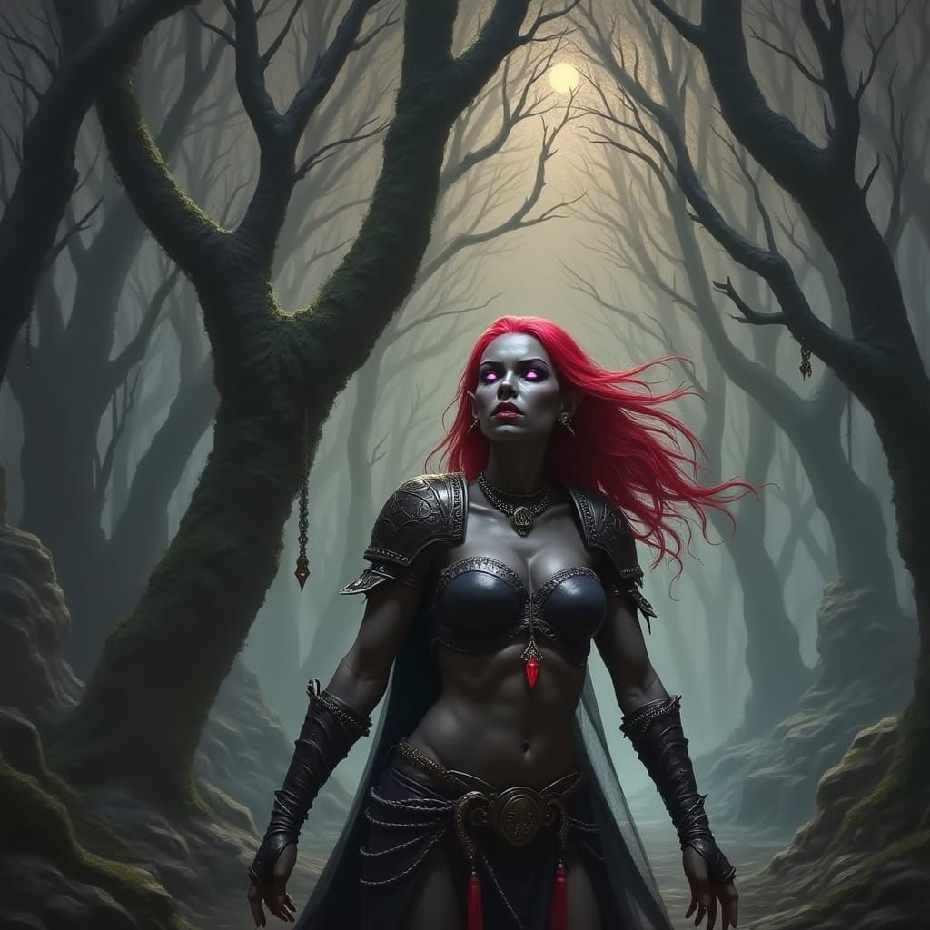 Regal Drow Matriarch in Dark Fantasy Style