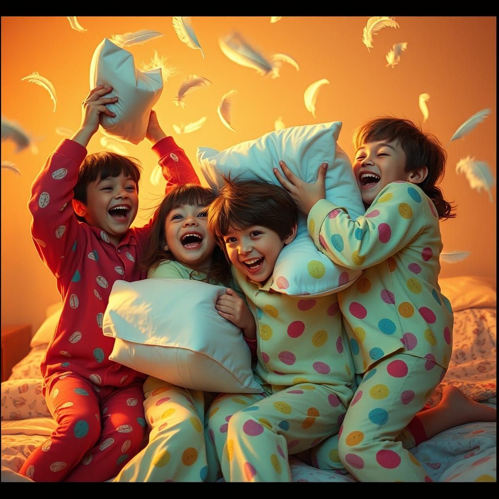 Joyful Kids Engage in an Epic Pillowfight in a Cinematic Mom...