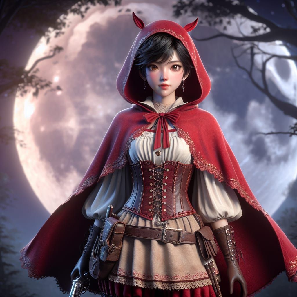Thai Woman as Little Red Riding Hood under Moon
