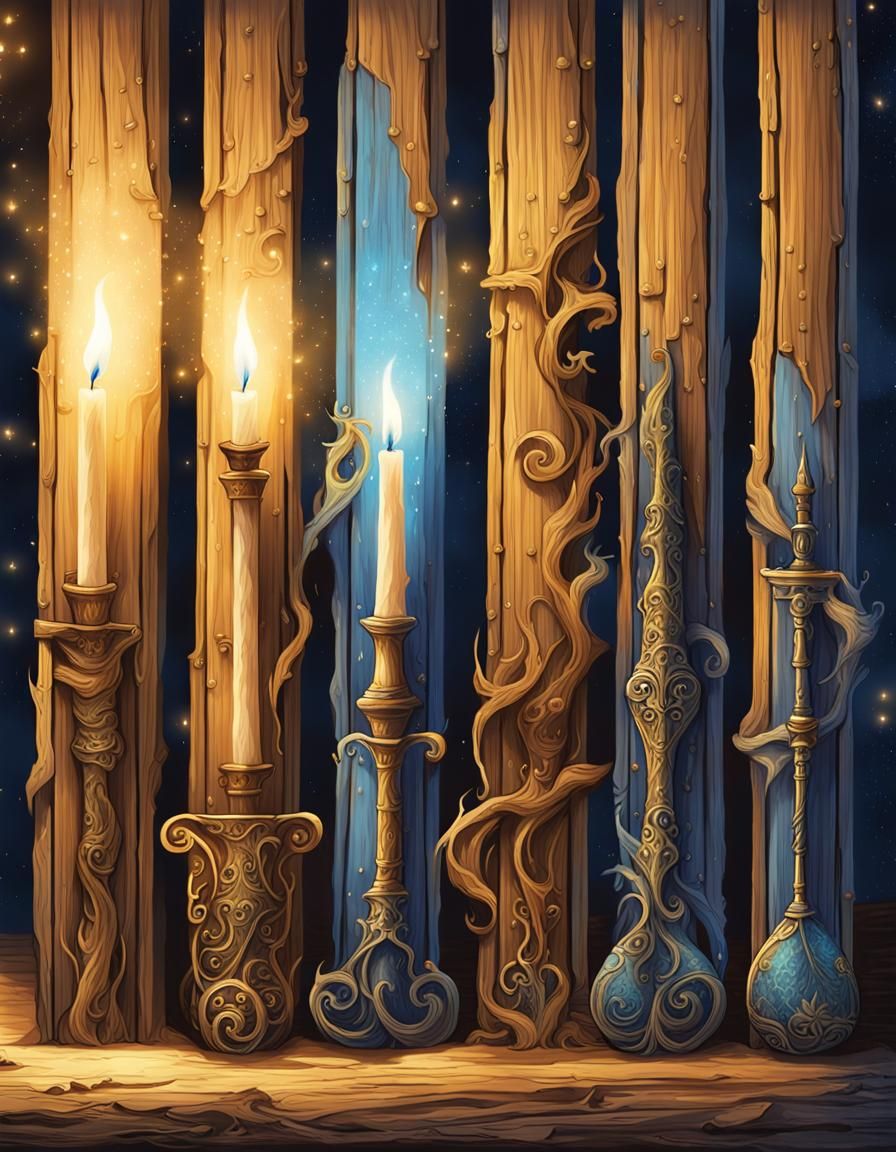 Mystical Staves in Candlelight: A Whimsical Fantasy Scene