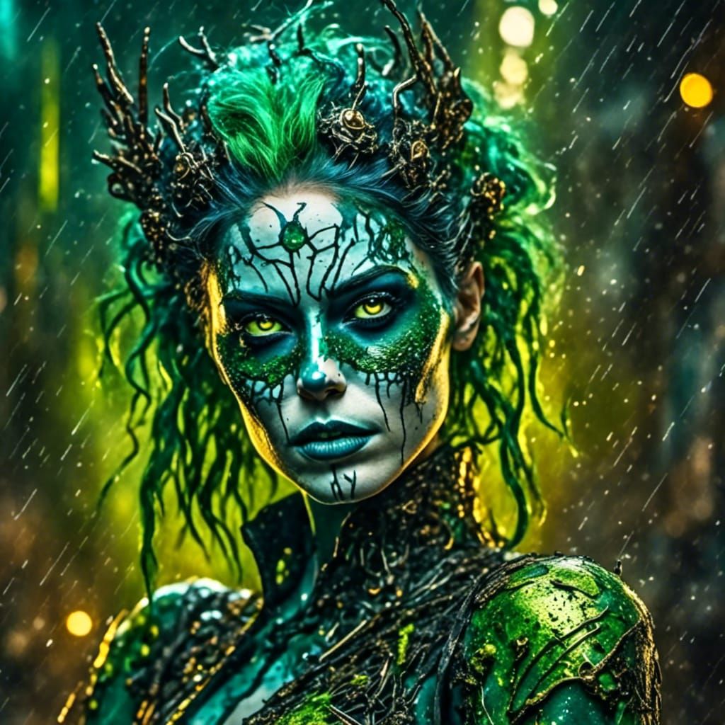 Glitchcore Cyborg Skull with Electric Green Hair