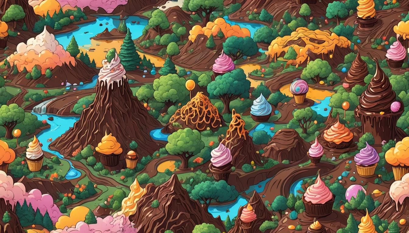 Edible Landscape with Chocolate Clouds in Watercolor Style